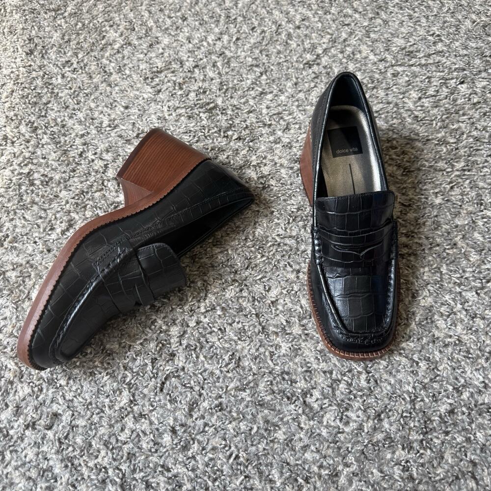 Dolce Vita Talie Loafer Pumps Square Toe Chunky Block Heel Croc Leather 7 Black